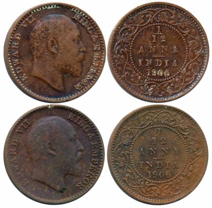 Edward VII, Copper & Bronze, 1/12 Anna (2 different variety), 1906, Calcutta Mint, (Prid# 