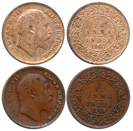 Edward VII, Copper 1/12 Anna (2), Calcutta Mint, 1907 (Prid# 823), 1908 (Prid# 824). Very 