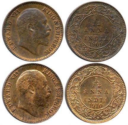 Edward VII, Copper 1/12 Anna (2), Calcutta Mint, 1909 (Prid# 825), 1910 (Prid# 826). Extre