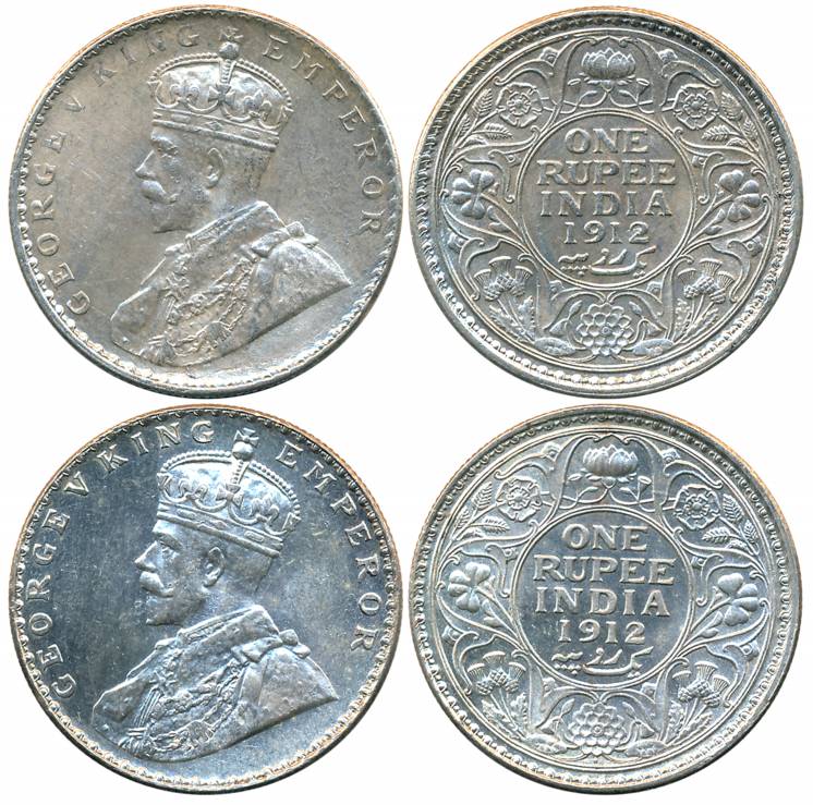 George V, Silver Rupees (2), 1912, Calcutta Mint (Prid# 208) & Bombay Mint (Prid# 218). Ve