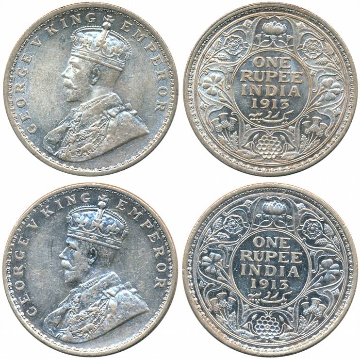 George V, Silver Rupee (2), 1913, Calcutta Mint (Prid# 209) & Bombay Mint (Prid# 219). Ver