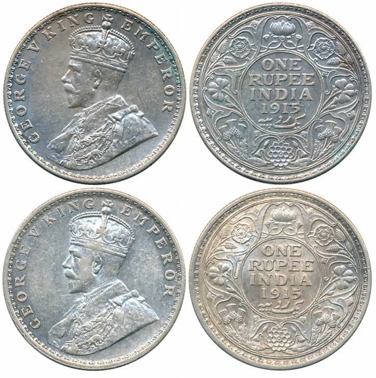 George V, Silver Rupees (2), 1915, Calcutta Mint (Prid# 211) & Bombay Mint (Prid# 221). Ab