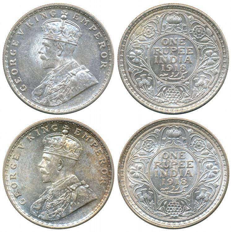 George V, Silver Rupees (2), 1918, Calcutta Mint (Prid# 214) & Bombay Mint (Prid# 224). Ve