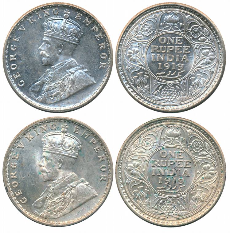 George V, Silver Rupees (2), Calcutta Mint (Prid# 216) & 1919, Bombay Mint (Prid# 225). Ve