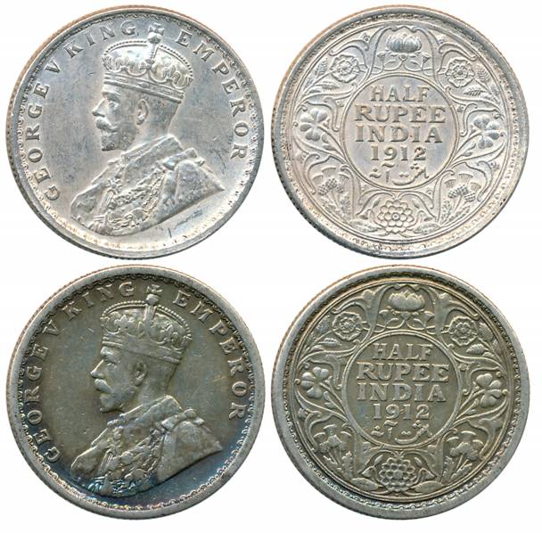 George V, Silver 1/2 Rupees (2), 1912, Calcutta Mint (Prid# 319) & Bombay Mint (Prid# 336)