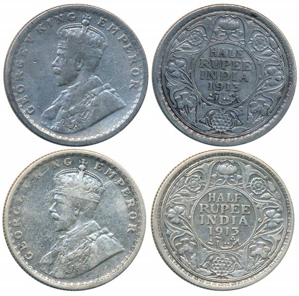 George V, Silver 1/2 Rupees (2), 1913, Calcutta Mint (Prid# 320) & Bombay Mint (Prid# 337)