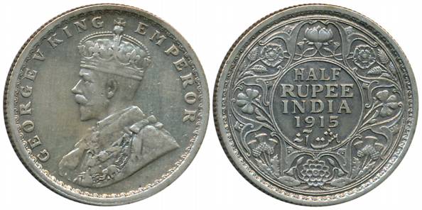 George V, Silver 1/2 Rupee, 1915, Calcutta Mint (Prid# 322). Very fine, scarce.
