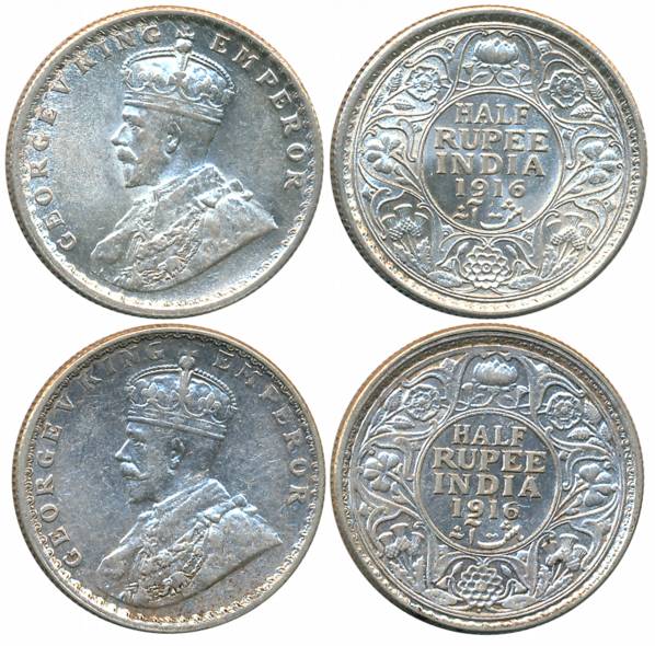 George V, Silver 1/2 Rupee (2), 1916, Calcutta Mint (Prid# 323) & Bombay Mint (Prid# 340).