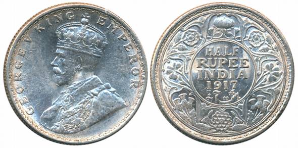 George V, Silver 1/2 Rupee, 1917, Bombay Mint (Prid# 341). About uncirculated.