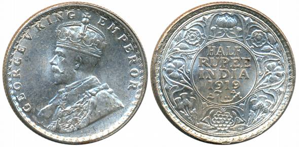 George V, Silver 1/2 Rupee, 1919, Bombay Mint (Prid# 343). About uncirculated.