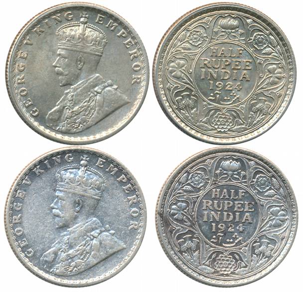 George V, Silver 1/2 Rupees (2), 1924, Calcutta Mint (Prid# 327) & Bombay Mint (Prid# 346)