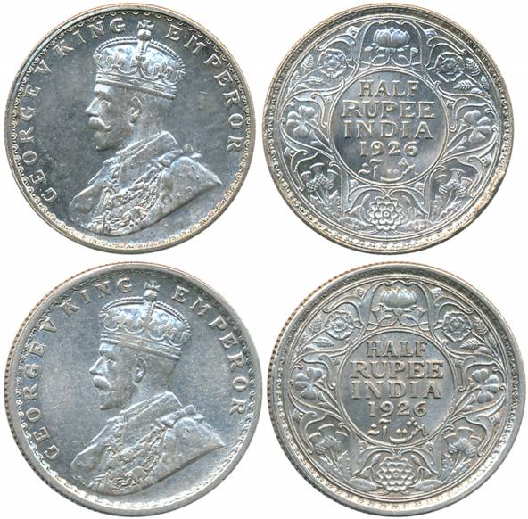 George V, Silver 1/2 Rupees (2), 1926, Calcutta Mint (Prid# 329) & Bombay Mint (Prid# 348)