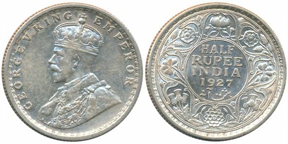 George V, Silver 1/2 Rupee, 1927, Calcutta Mint (Prid# 330). Extremely fine, scarce.