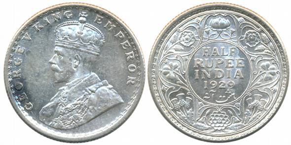 George V, Silver 1/2 Rupee, 1929, Calcutta Mint (Prid# 331). Extremely fine+.