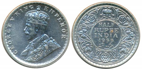 George V, Silver 1/2 Rupee, 1933, Calcutta Mint (Prid# 333). Very fine+.