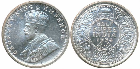 George V, Silver 1/2 Rupee, 1934, Calcutta Mint (Prid# 334). About uncirculated.