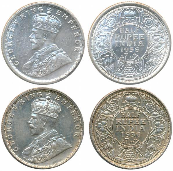 George V, Silver 1/2 Rupees (2), 1936, Calcutta Mint (Prid# 335) & Bombay Mint (Prid# 350)