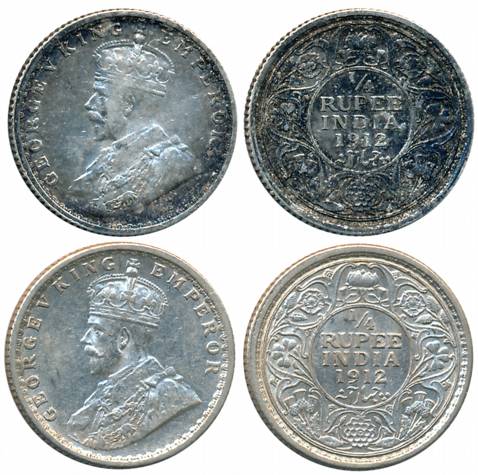 George V, Silver 1/4 Rupees (2), 1912, Bombay Mint, (Prid# 454) & Calcutta Mint, (Prid# 44
