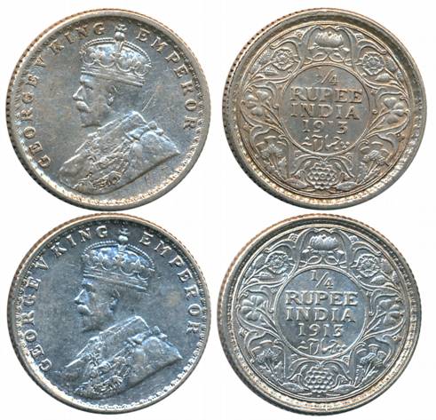 George V, Silver 1/4 Rupees (2), Bombay Mint, 1913 (Prid# 455) & Calcutta Mint (Prid# 442)