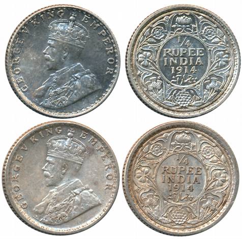George V, Silver 1/4 Rupees (2), Bombay Mint, 1914 (Prid# 456) & Calcutta Mint, 1914 (Prid