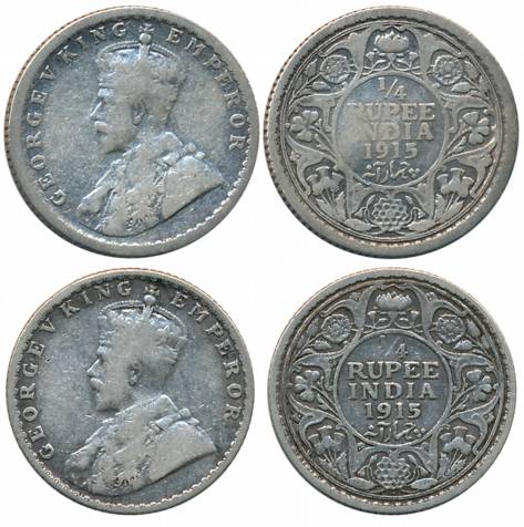 George V, Silver 1/4 Rupees (2), 1915, Calcutta Mint (Prid# 444) & Bombay Mint, 1915 (Prid