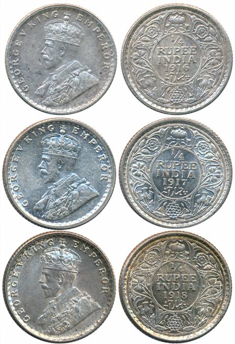George V, Silver 1/4 Rupees (3), Calcutta Mint, 1916 (Prid# 445), 1917 (Prid# 446), 1918 (