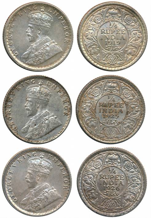 George V, Silver 1/4 Rupees (3), Calcutta Mint (2), 1919 (Prid# 448), 1926 (Prid# 449) & B
