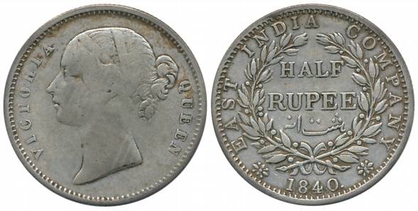 Victoria Queen, Silver 1/2 Rupee, Divided legend, 1840, Calcutta Mint, Mule, W.W. incused,