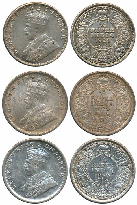 George V, Silver 1/4 Rupees (3), Calcutta Mint, 1928 (Prid# 459), 1929 (Prid# 450) & 1930 
