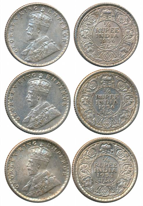 George V, Silver 1/4 Rupees (3), Calcutta Mint (2), 1934 (Prid# 452), 1936 (Prid# 453), & 