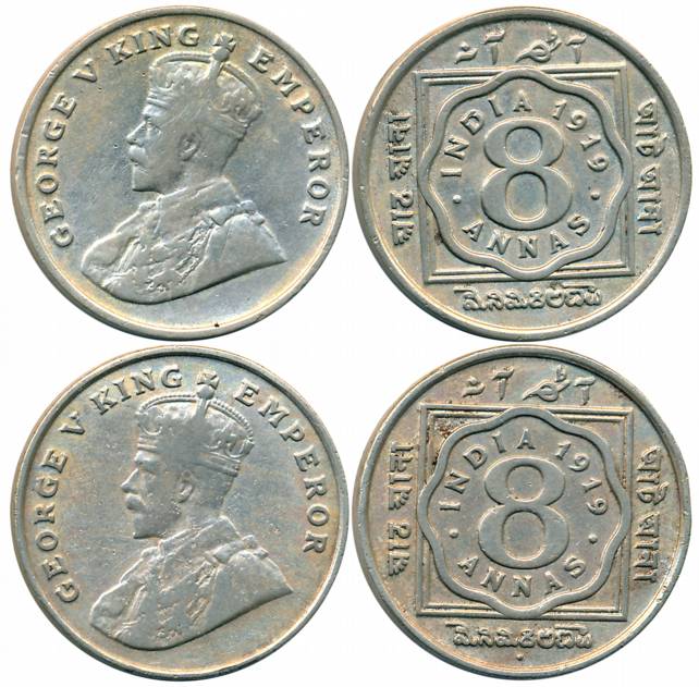 George V, Copper Nickel, 8 Anna (2), 1919, Bombay Mint (Prid# 872) & Calcutta Mint (Prid# 