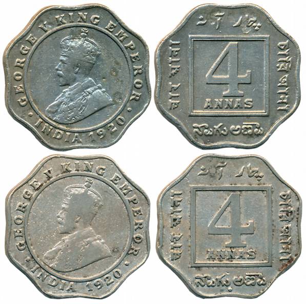 George V, Copper Nickel, 4 Anna (2), 1920, Bombay Mint (Prid# 878) & Calcutta Mint (Prid# 