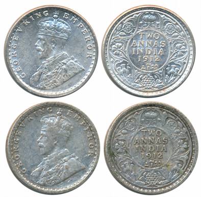 George V, Silver 2 Annas (2), 1912, Calcutta Mint & Bombay Mint, (Prid# 565, 571). Very fi