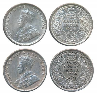 George V, Silver 2 Annas (2), 1914, Calcutta Mint & Bombay Mint (Prid# 567, 573). Extremel