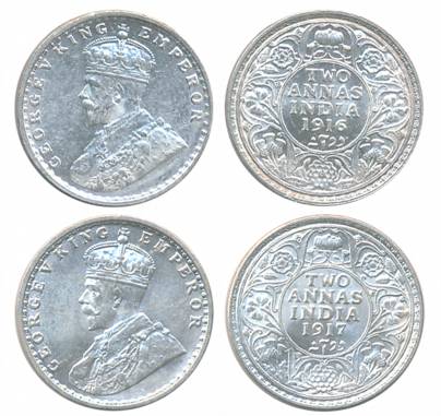George V, Silver 2 Annas (2), Calcutta Mint, 1916 (Prid# 569), 1917 (Prid# 570). About unc