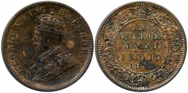 George V, Bronze 1/4 Anna, Calcutta Mint, 1911 (Prid# 656). Extremely fine+, scarce.