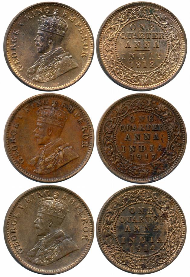 George V, Bronze 1/4 Anna (3), Calcutta Mint, 1912 (Prid# 658), 1913 (Prid# 659) & 1914 (P