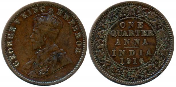George V, Bronze 1/4 Anna, Calcutta Mint, 1916 (Prid# 661). About very fine, scarce.