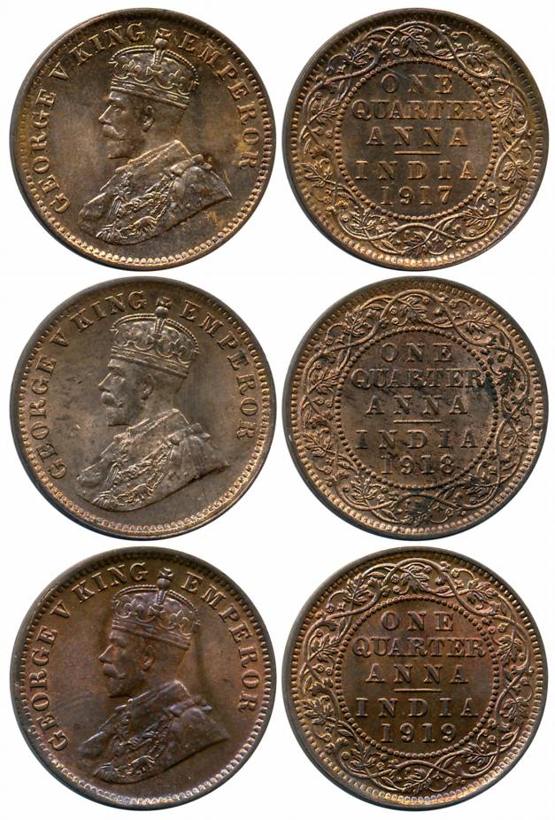 George V, Bronze 1/4 Anna (3), Calcutta Mint, 1917 (Prid# 662), 1918 (Prid# 663) & 1919 (P