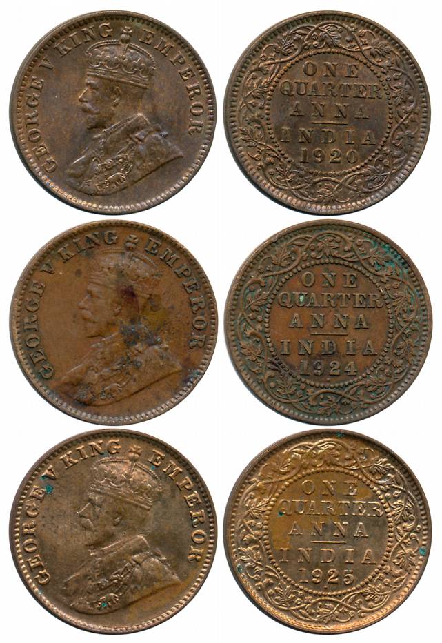 George V, Bronze 1/4 Anna (3), Calcutta Mint (1), 1920 (Prid# 665) & 1924 (Prid# 677), 192