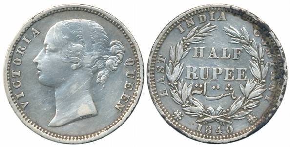 Victoria Queen, Silver 1/2 Rupee, Divided legend, 1840, Madras Mint, S raised, W.W. incuse