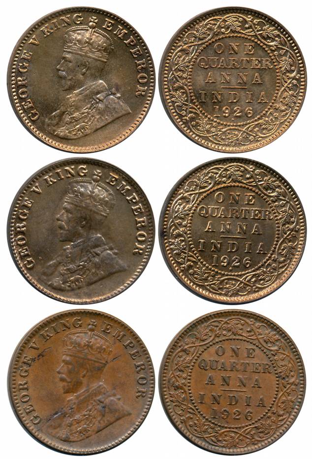 George V, Bronze 1/4 Anna (3), 1926, Bombay Mint, Small dot, Large dot (2 different variet