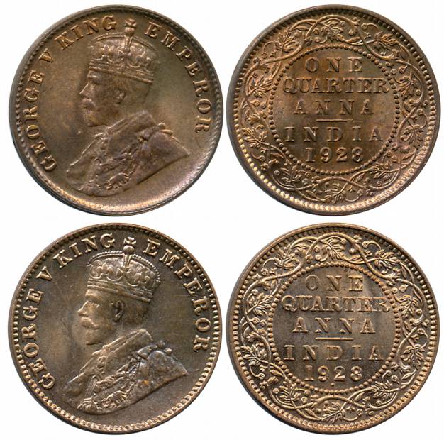 George V, Bronze 1/4 Anna (2), 1928, Calcutta Mint (Prid# 669) & Bombay Mint (Prid# 681). 