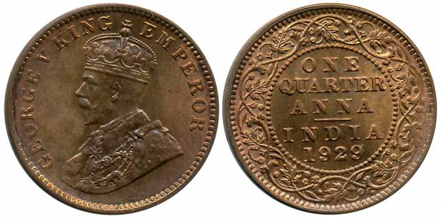George V, Bronze 1/4 Anna, 1929, Calcutta Mint (Prid# 670). About uncirculated