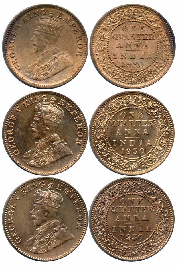 George V, Bronze 1/4 Anna (3), 1930, Calcutta Mint (1) (Prid# 671) & Bombay Mint (2 differ