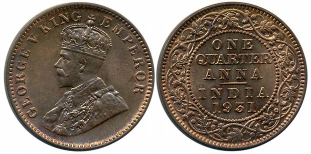 George V, Bronze 1/4 Anna, 1931, Calcutta Mint, (Prid# 672). About uncirculated, scarce.