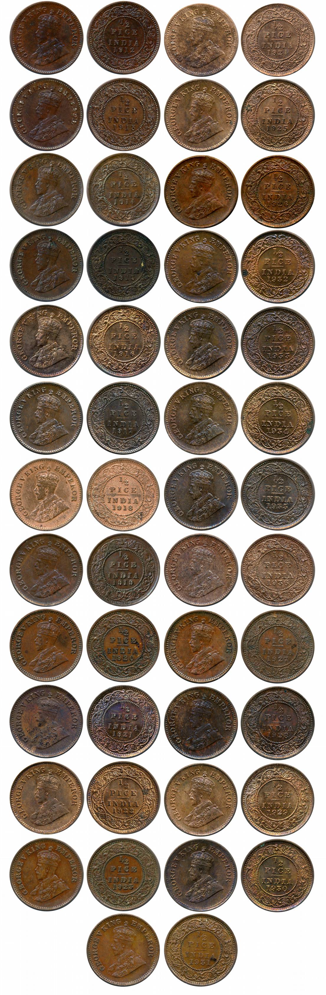George V, Copper 1/2 Pice (25), Calcutta Mint, 1912 (Prid# 745),1913 (Prid# 746), 1914 (Pr