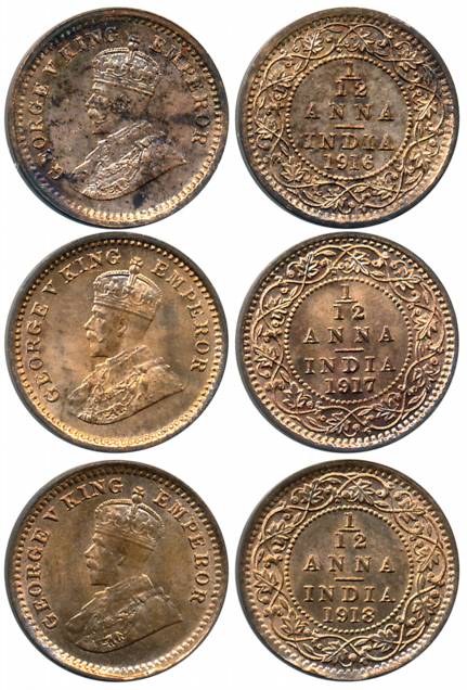 George V, Copper 1/12 Anna (3), Calcutta Mint, 1916 (Prid# 831), 1917 (Prid# 832) &amp; 19