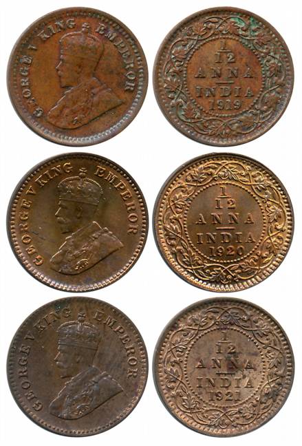 George V, Copper 1/12 Anna (3), Calcutta Mint, 1919 (Prid# 834), 1920 (Prid# 835) & 1921 (