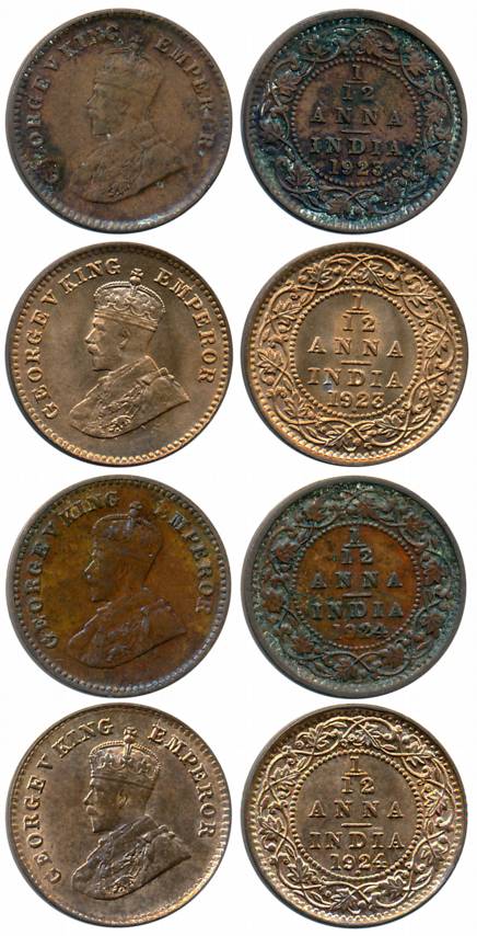 George V, Copper 1/12 Anna (4), 1923, Calcutta Mint (Prid# 837), Bombay Mint (Prid# 851) &